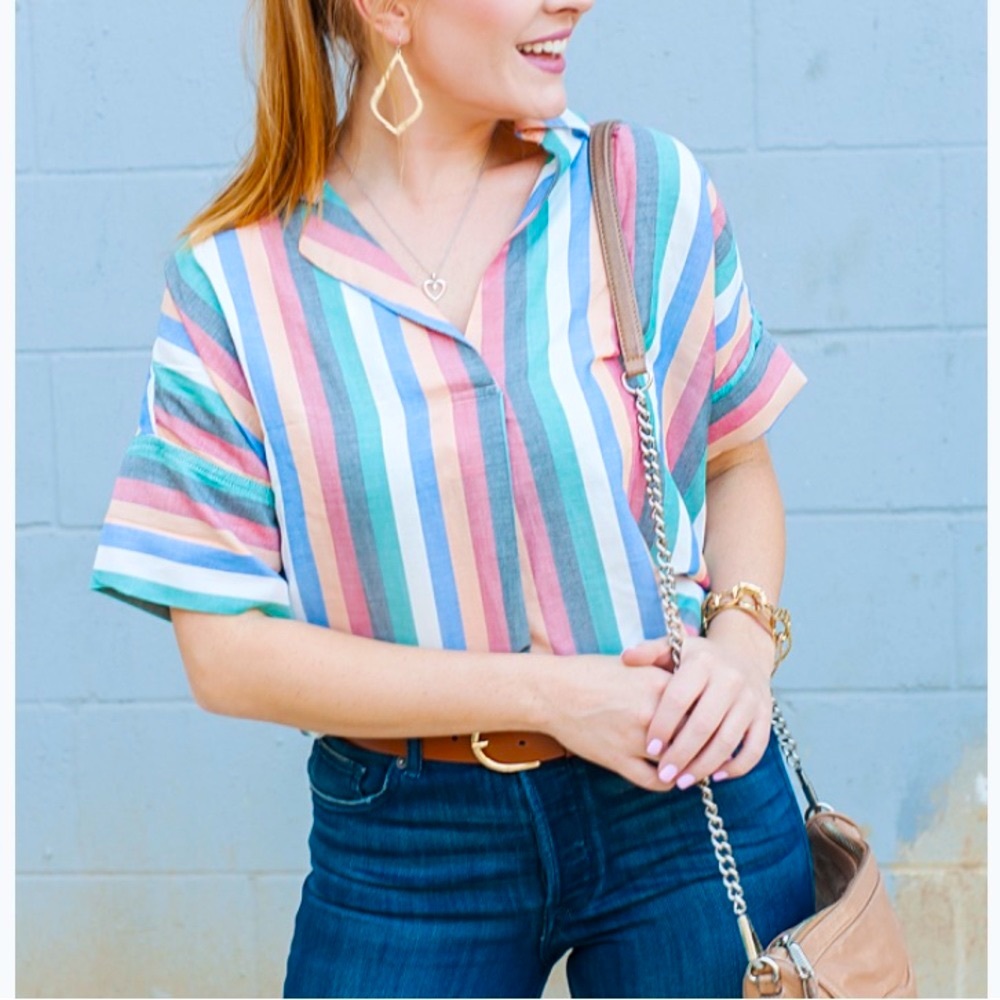 Madewell Rainbow Striped Collared Dolman Sleeve Button-Up Back Coattails Shirt - Picture 5 of 15